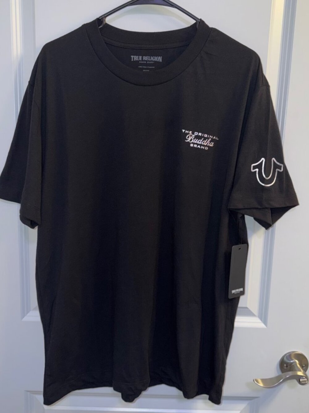 True Religion Mens Envision Script Tee Jet Black Buddha Graphic T-Shirt 701103 L